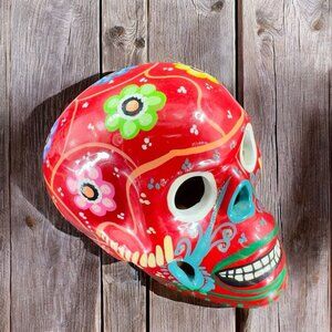 Hand Painted RedWare Pottery Skull Skeleton Figurine Mexico Pottery Red W Flower